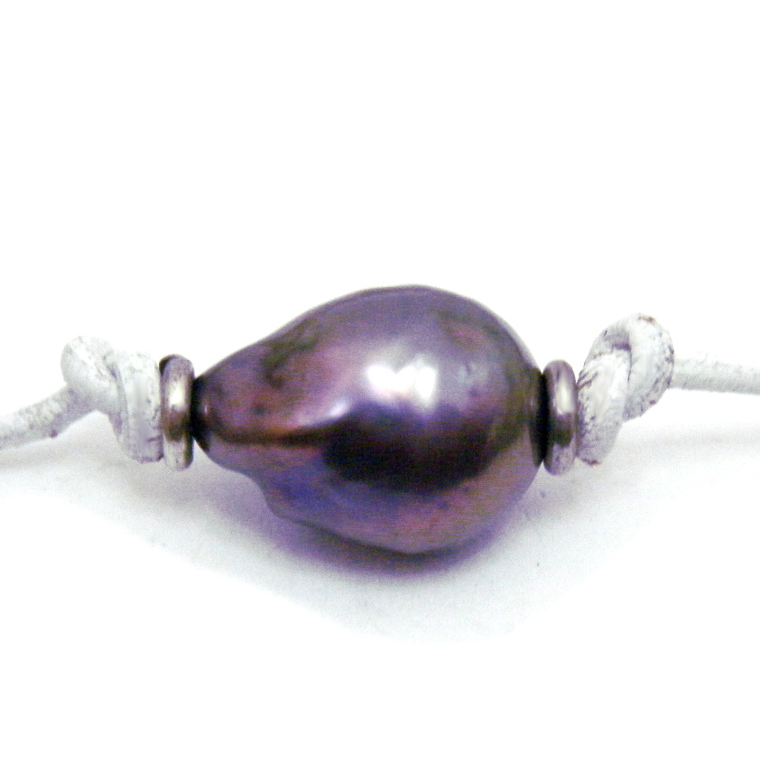 Aubergine and Blue Pearl on Leather Necklace